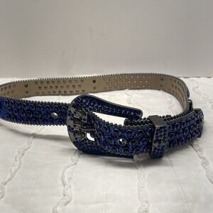 Western Rhinestone Belt Bling Crystal Studded Belt Men Women Size 46 Blue Skulls